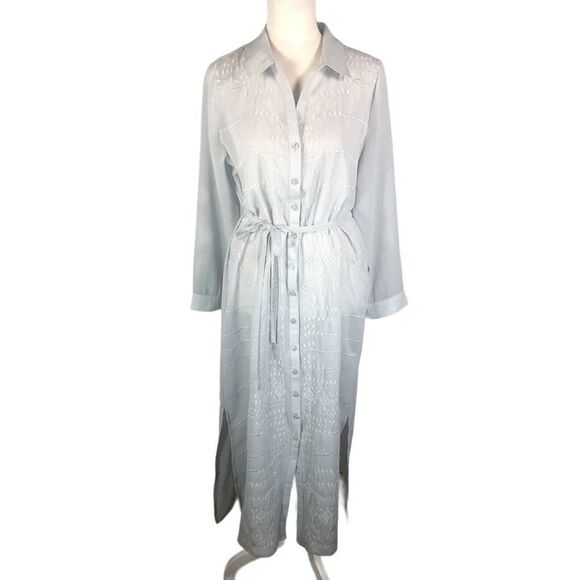 Soft Surroundings Pale Gray Sheer Chiffon Button Up Duster Dress PS Collared Tie - Picture 1 of 12